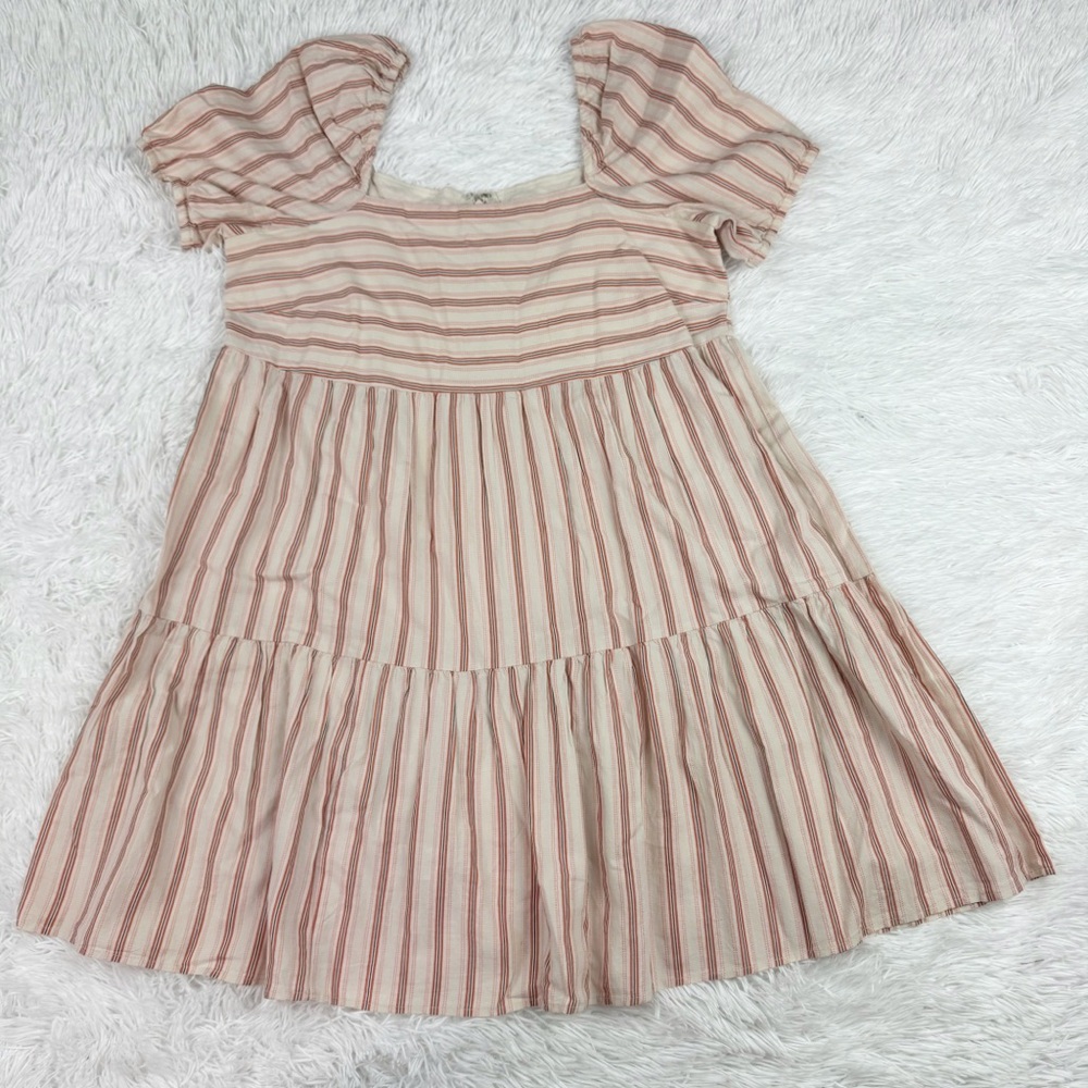 Loft puff sleeve square neck‎ striped tiered dress in red and cream cotton